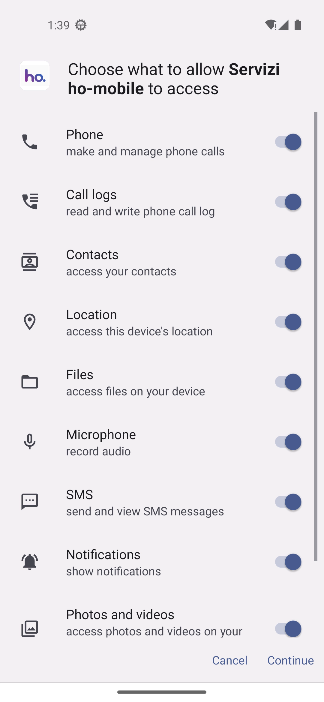 Screenshot of the app permissions