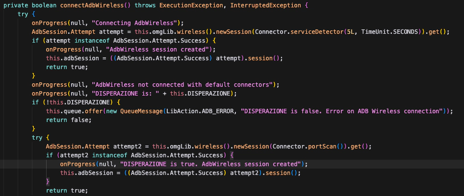 The ADB connection feature is named DISPERAZIONE