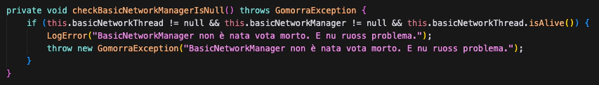 Code snippet invoking a GomorraException with a quote from the series