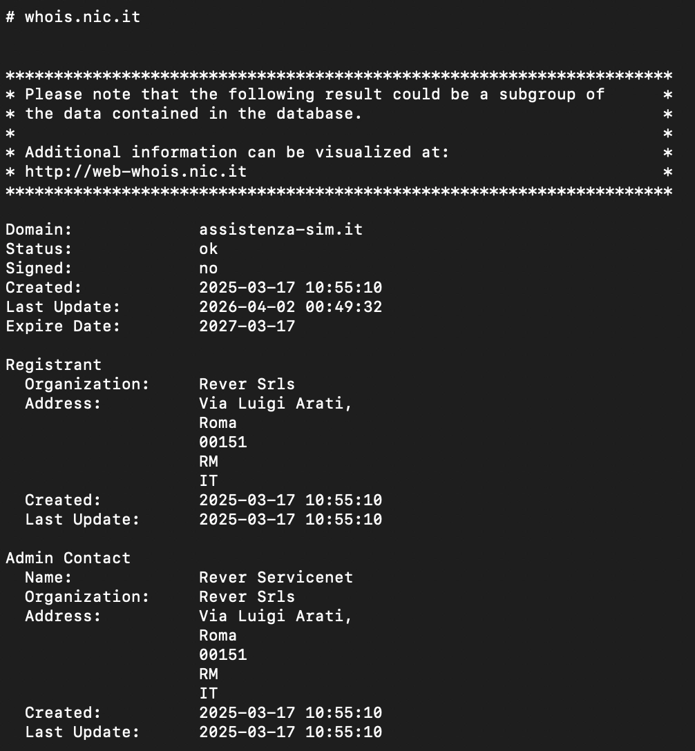 Whois information for assistenza-sim.it showing Rever Srls as registrant